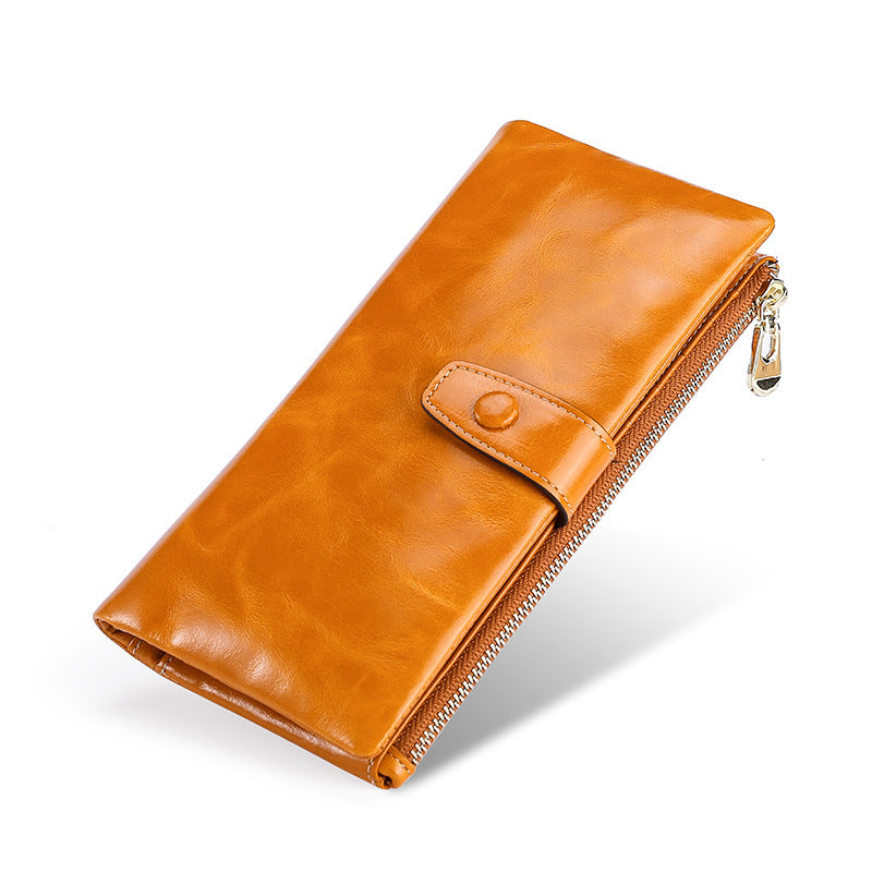 Quality Oil Wax Leather Long Multiple Slots Genuine Hand-held Multifunctional Purses