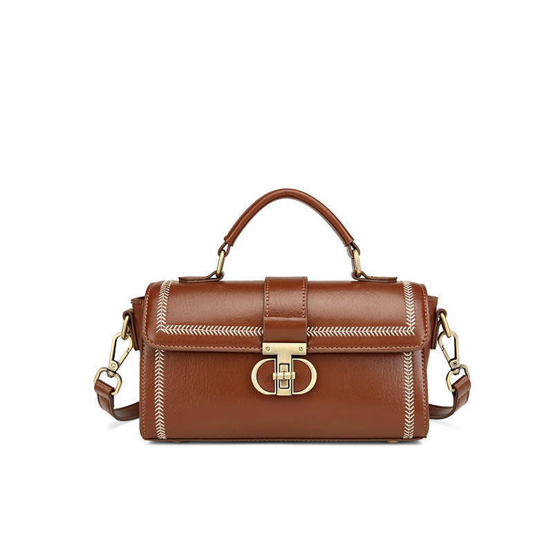 Women's High-grade Boston Round Niche Retro Portable Genuine Leather Fashion Light Women's Messenger Bag