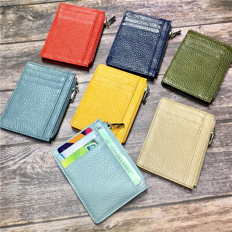 Women's & Men's & Multiple Slots Leather Zipper First Layer Cowhide Thickened Light Card Holder