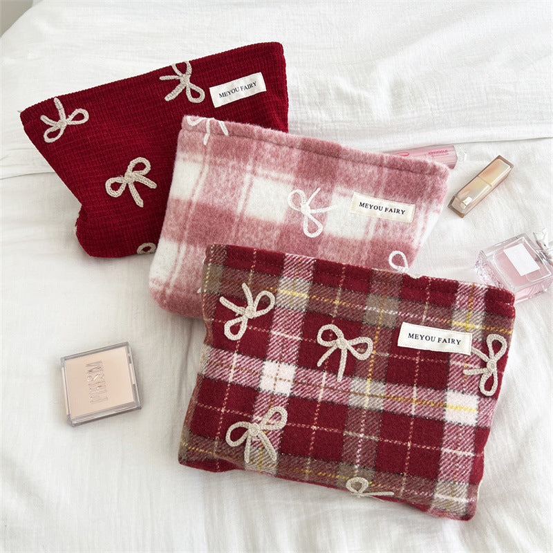 Embroidered Bow Plaid Valentine's Day Gift Wash Makeup Bag