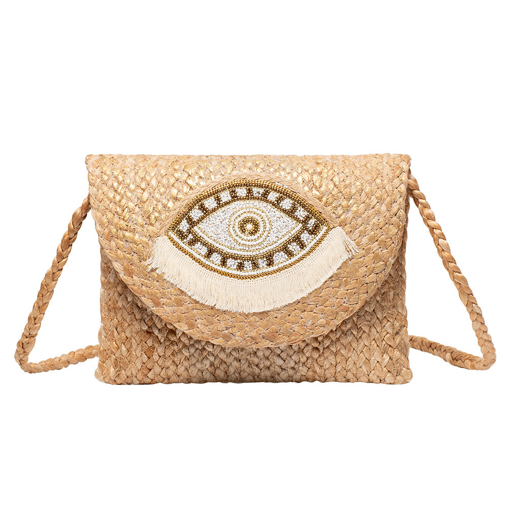 Women's Bead Patch Jute Bohemian Clutch Hand-woven Vacation Bags