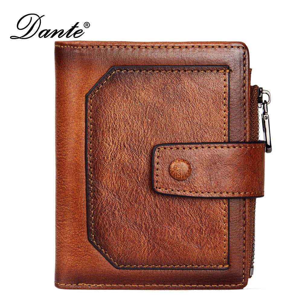 Men's Leather Zipper Short Retro Cowhide Processing Men's Wallets