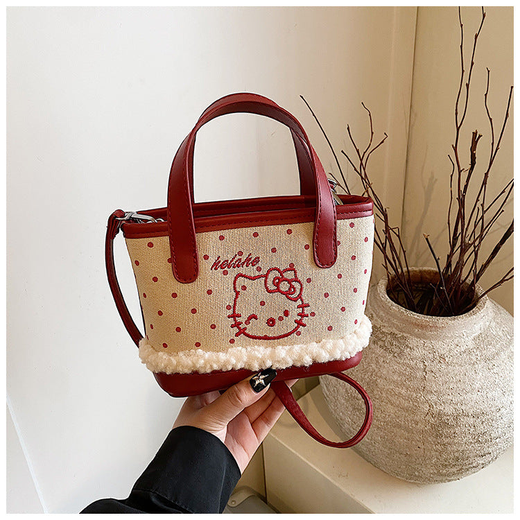 Women's Korean Style Cartoon Fashion Trendy Lamb Wool Cute Cat Embroidery Bags