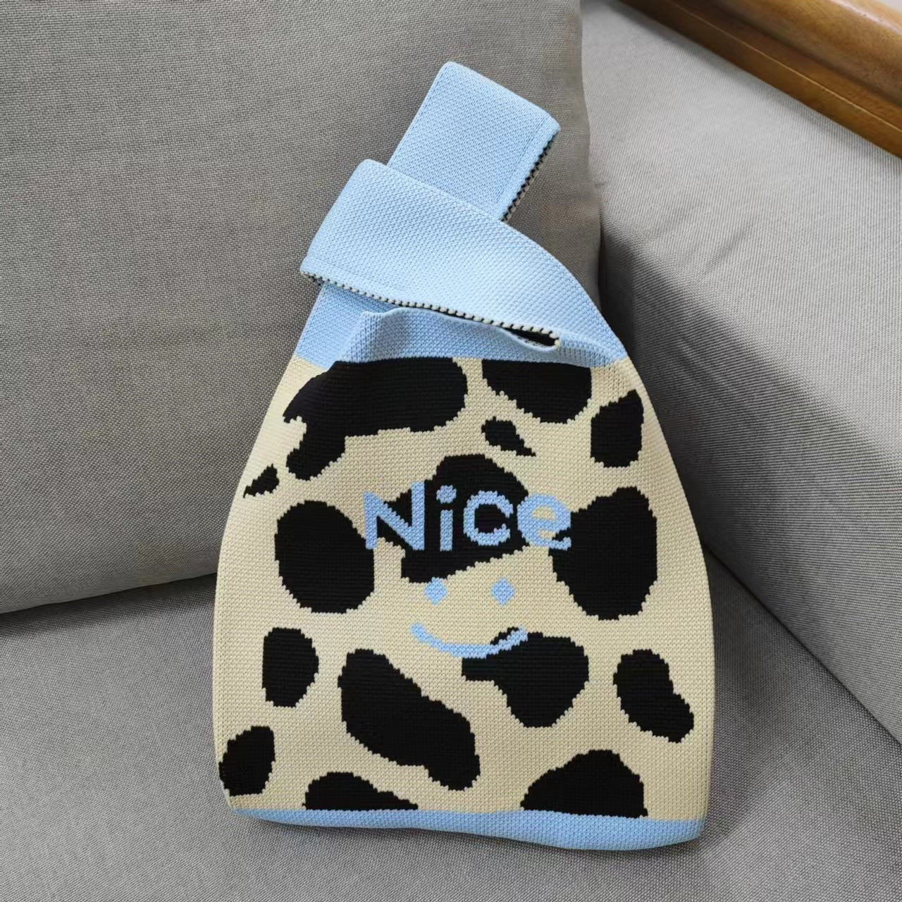 Women's Cow Spot Wool Knitted Woven Underarm Shoulder Bags