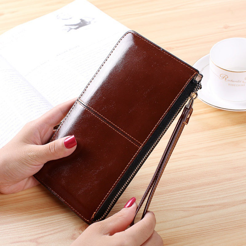 Women's Zipper Hasp Korean Style Large Capacity Oil Wax Leather Ladies Wallet