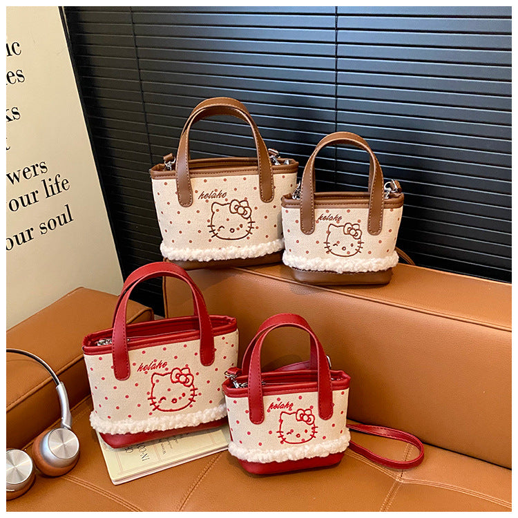 Women's Korean Style Cartoon Fashion Trendy Lamb Wool Cute Cat Embroidery Bags