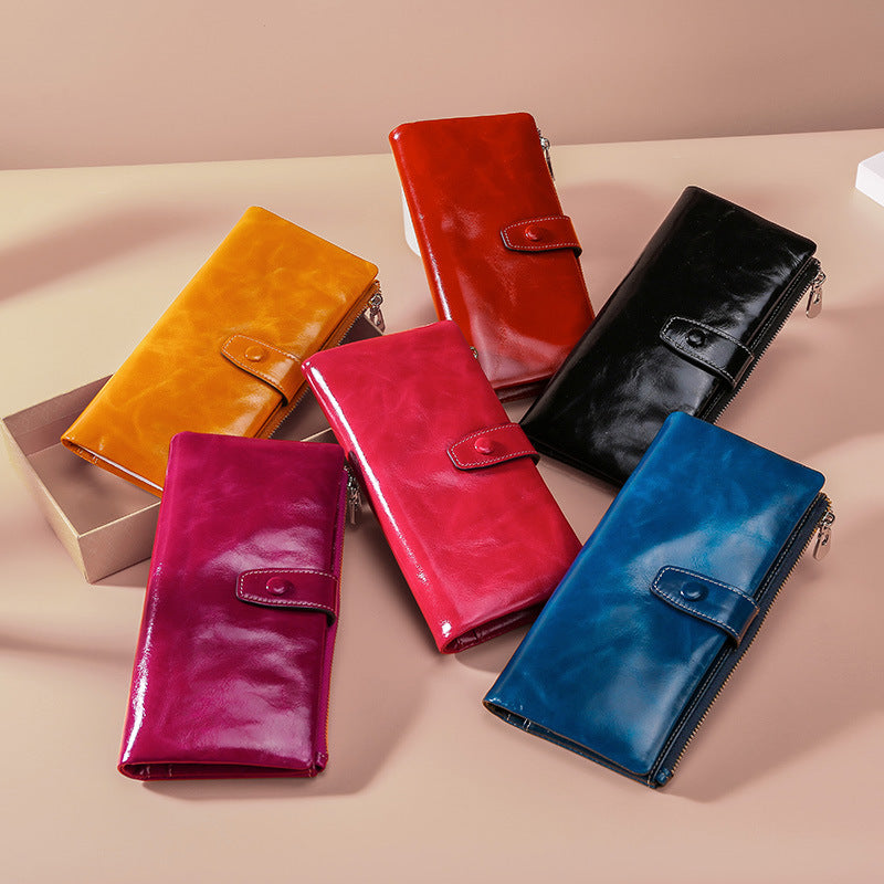 Quality Oil Wax Leather Long Multiple Slots Genuine Hand-held Multifunctional Purses