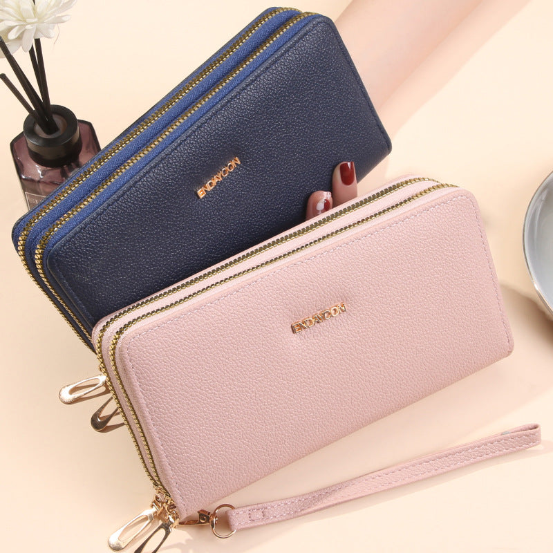 Women's Double Long Zipper Clutch Fashion Simple Lychee Pattern Large Ladies Wallet