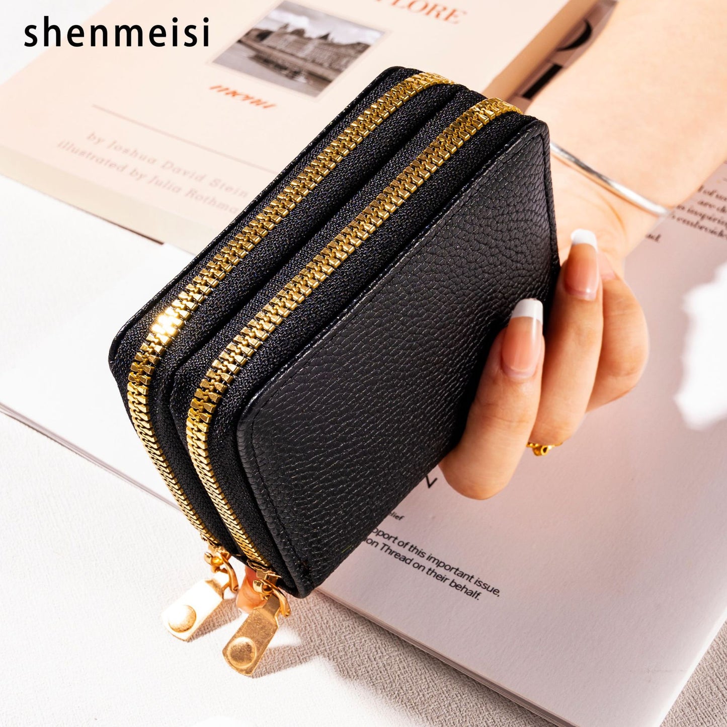 Women's Short Litchi Pattern Double Zipper Document Card Holder