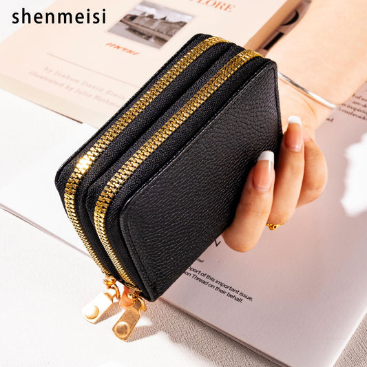 Women's Short Litchi Pattern Double Zipper Document Card Holder