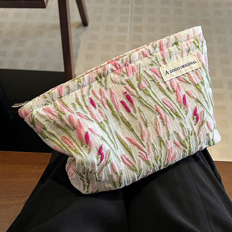Women's Pink Tulip Large Capacity Skin Care Storage Makeup Bag