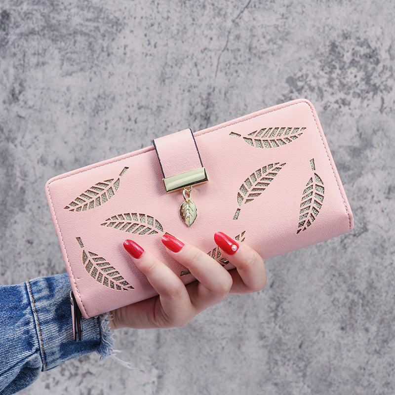 Women's Korean Leaf Hollow Long Zipper Hasp Clutch Ladies Wallet