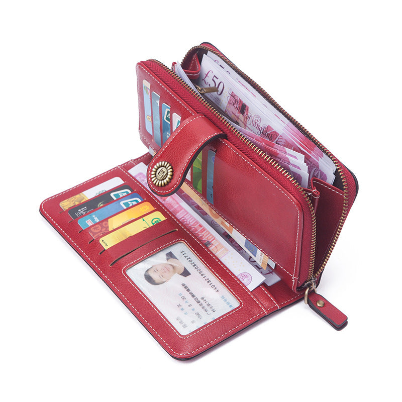Leather Goods Lady Long Retro Large Capacity Folding Zipper Ladies Wallet