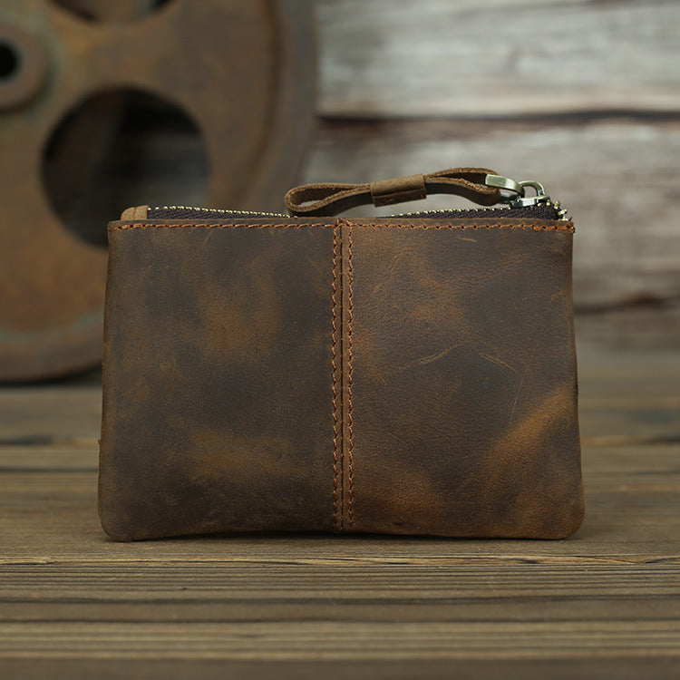 Women's & Men's Retro Crazy Horse Leather Genuine Mini Short Zipper Korean Card Holder