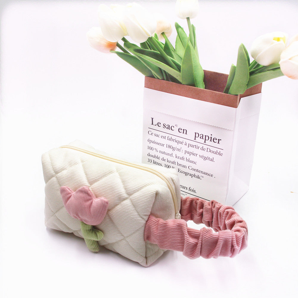 Women's Corduroy Large Capacity Cute Flowers Portable Cosmetic Bags