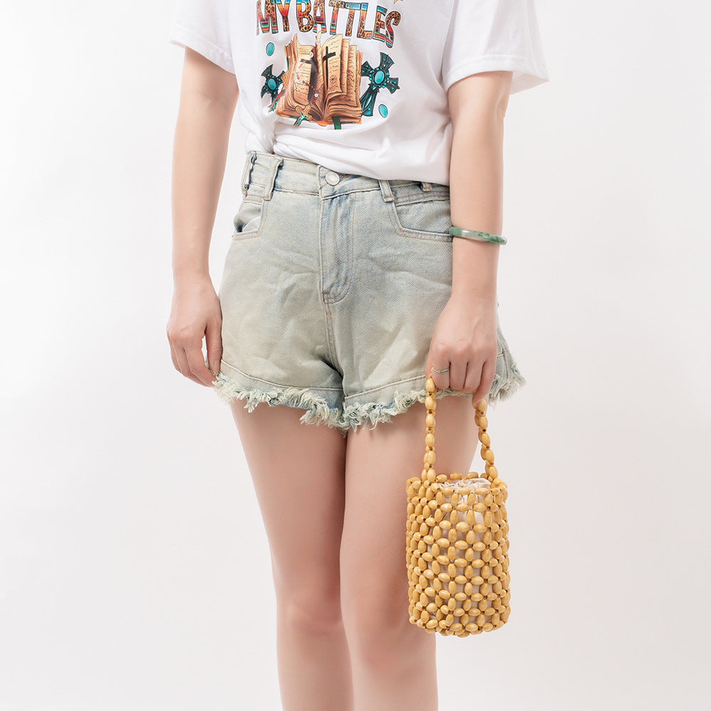 Hand-woven Design High Sense Wooden Bead Women's Shoulder Bag