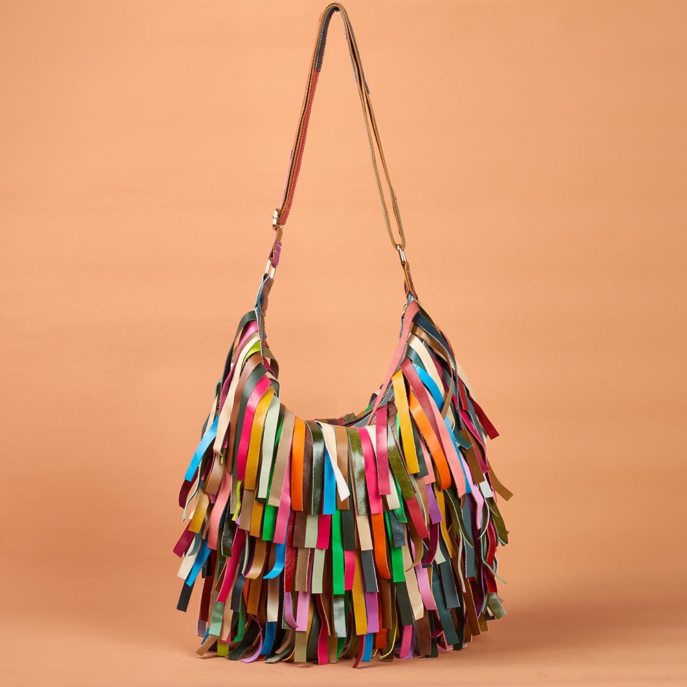 Women's Genuine Leather Bohemian Retro Tassel Contrast Color Women's Shoulder Bag