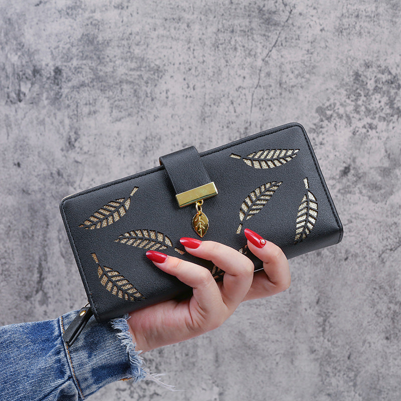 Women's Korean Leaf Hollow Long Zipper Hasp Clutch Ladies Wallet