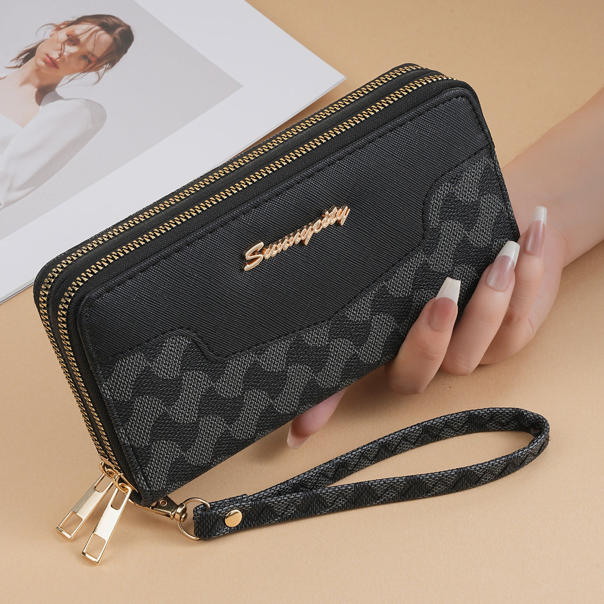 Women's Print Stitching Long Large Capacity Clutch High-grade Double Bags