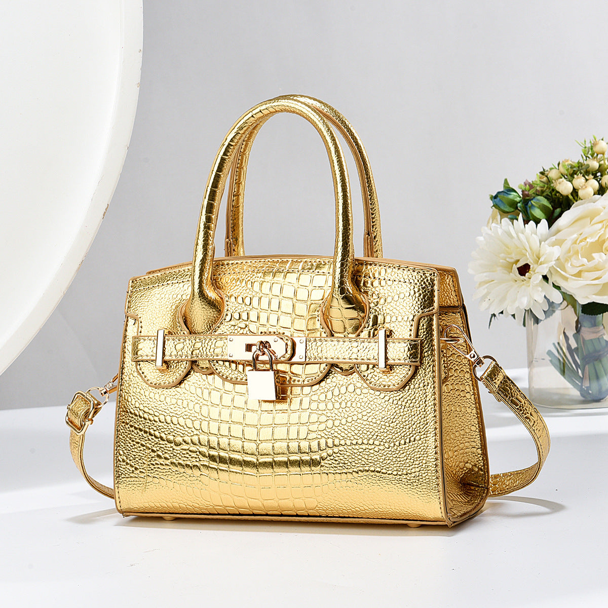 Durable Bright Leather Stone Pattern Alligator Handbags