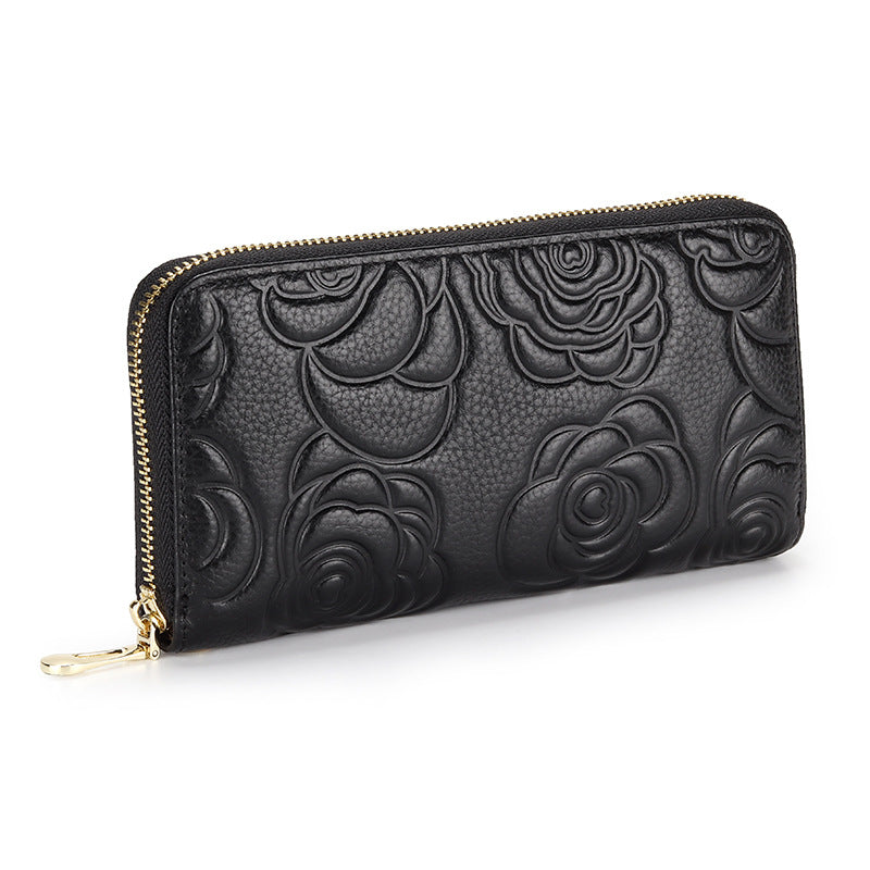 Women's Camellia Long Leather Zipper Soft Hand Bags