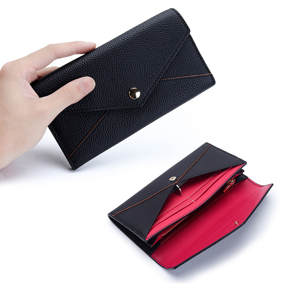 Women's First Layer Long Cowhide Contrast Color Fashion Stitching Large Ladies Wallet