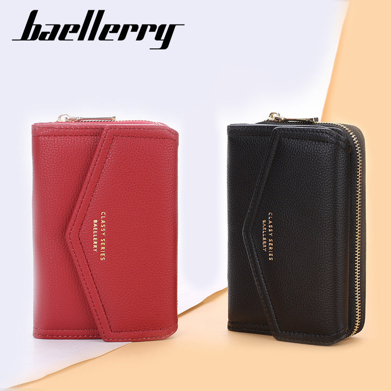 Women's Short Korean Style Large Capacity Zipper Litchi Purses