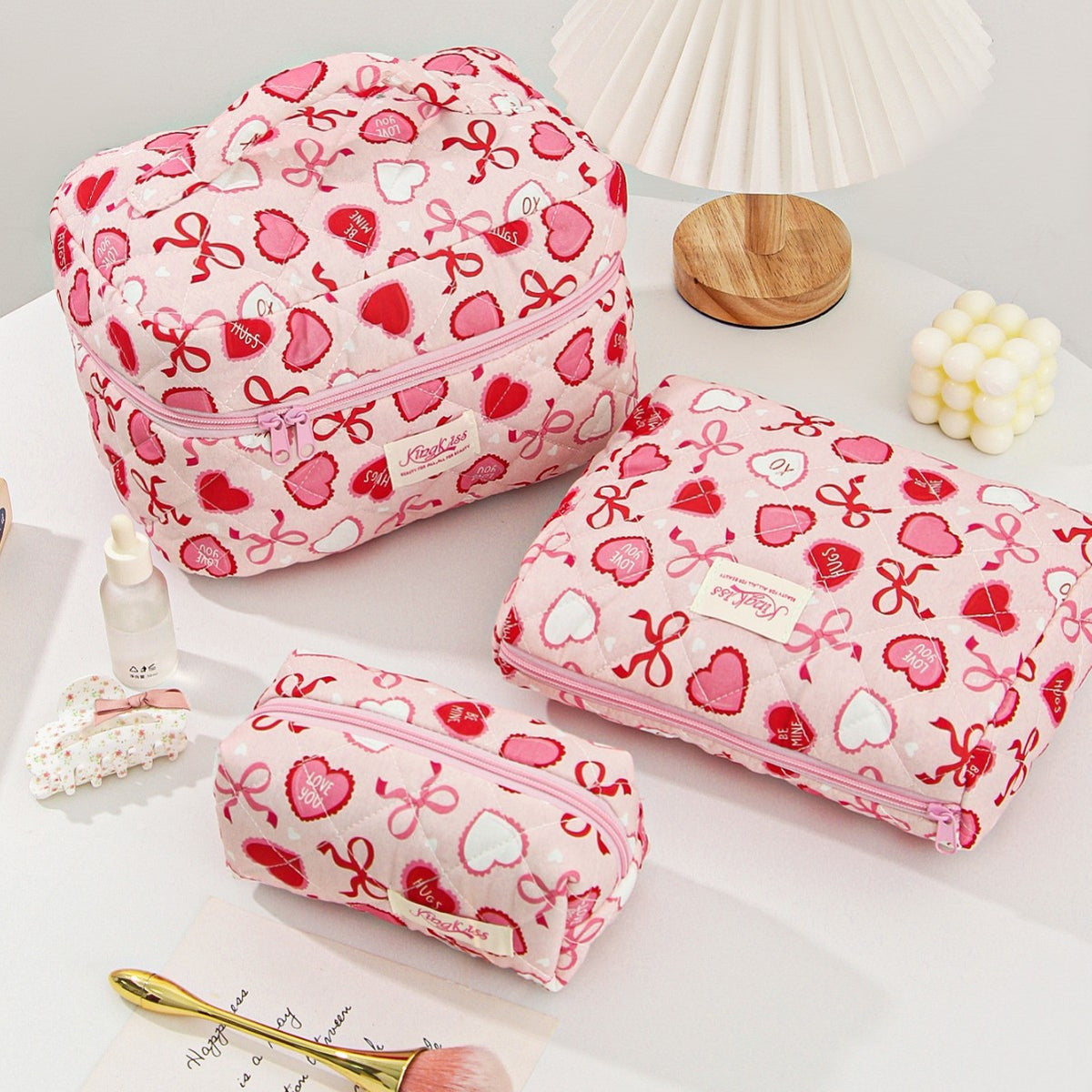 Love Heart Bow Portable Large Capacity Makeup Bag