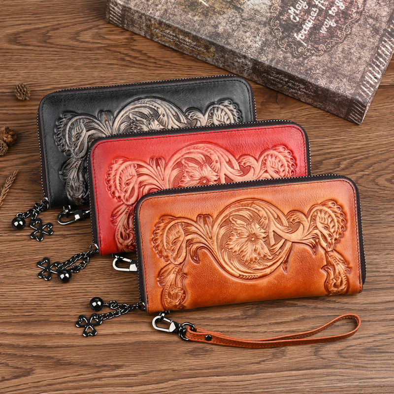 Women's Layer Cowhide Multifunctional Zipper Clutch Vintage Ladies Wallet