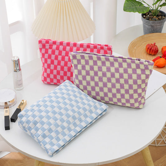 Wool Chessboard Grid Large Capacity Pencil Knitted Cosmetic Bags