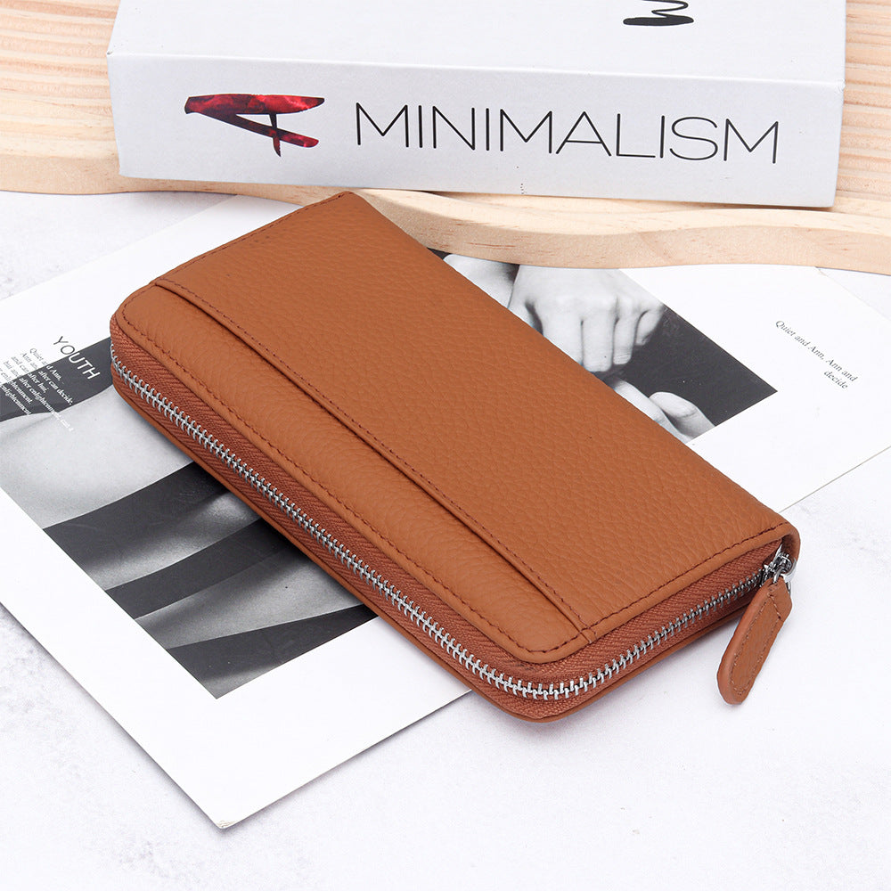 Women's Swiping Long Large Capacity Zipper Cowhide Ladies Wallet