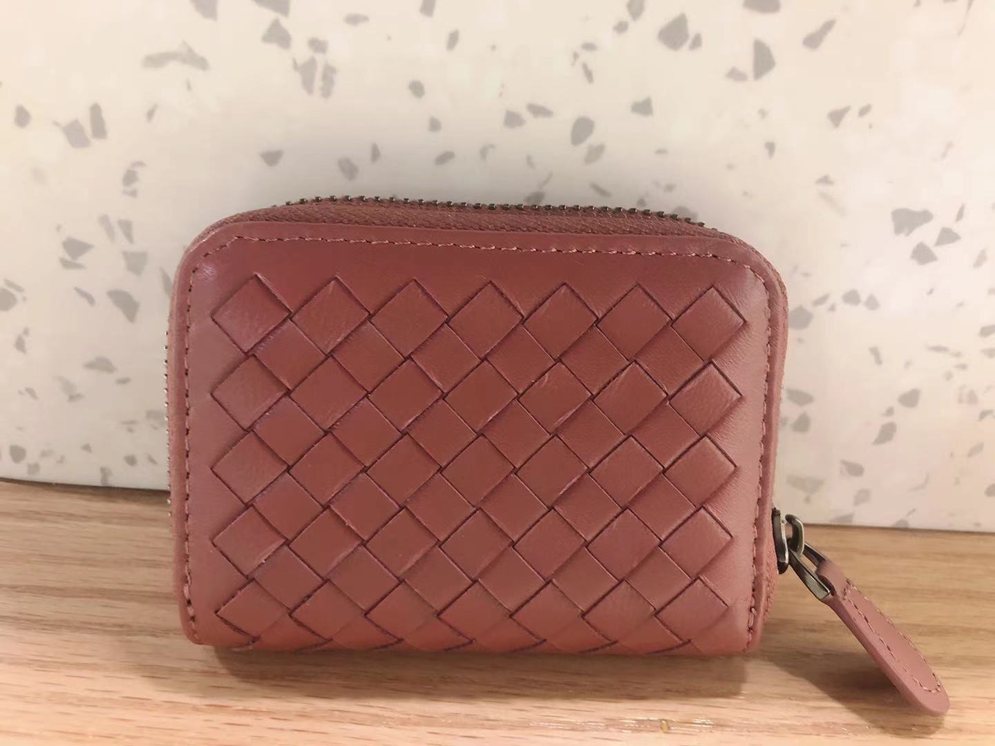 Women's Genuine Leather Mini Sheepskin Woven Business Card Holder