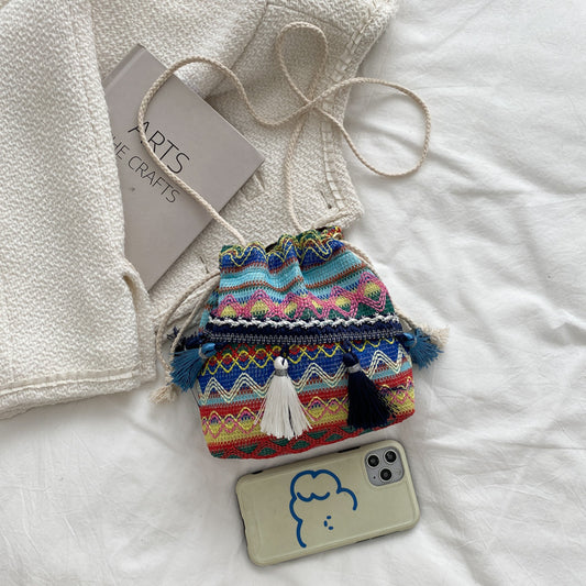 Women's Embroidery Striped Tassel Drawstring Yunnan Vintage Bags