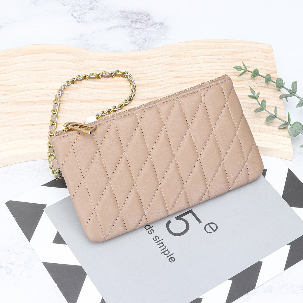 Women's Sheepskin Classic Style Clutch Diamond Chain Storage Leather Bags