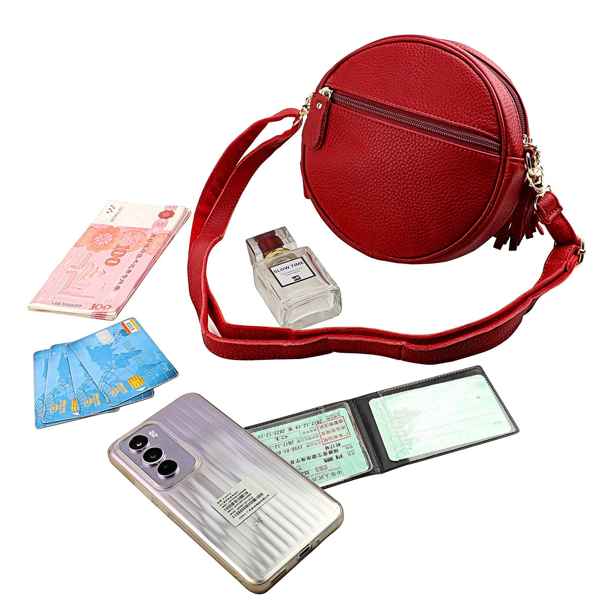 Women's First Layer Leather Trendy Storage Round With Shoulder Bags