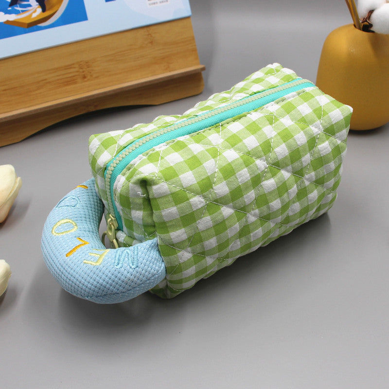 Women's Large Capacity Checked Cloth Pencil Embroidery Cotton Cosmetics Storage Makeup Bag