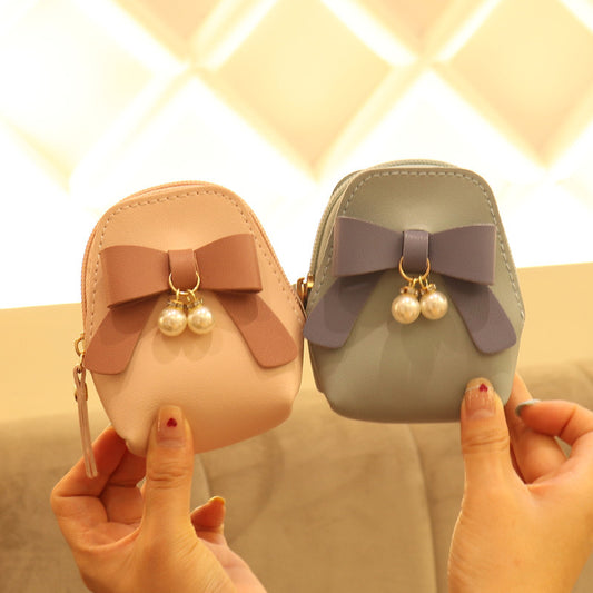 Pearl Bow Leather Mini Storage Charm Coin Purses
