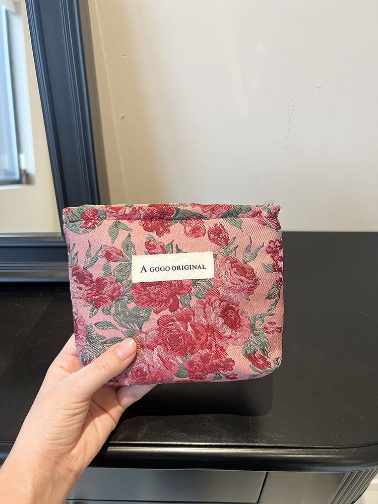 Women's Retro Dark Red Flower Jacquard Fabric Makeup Bag