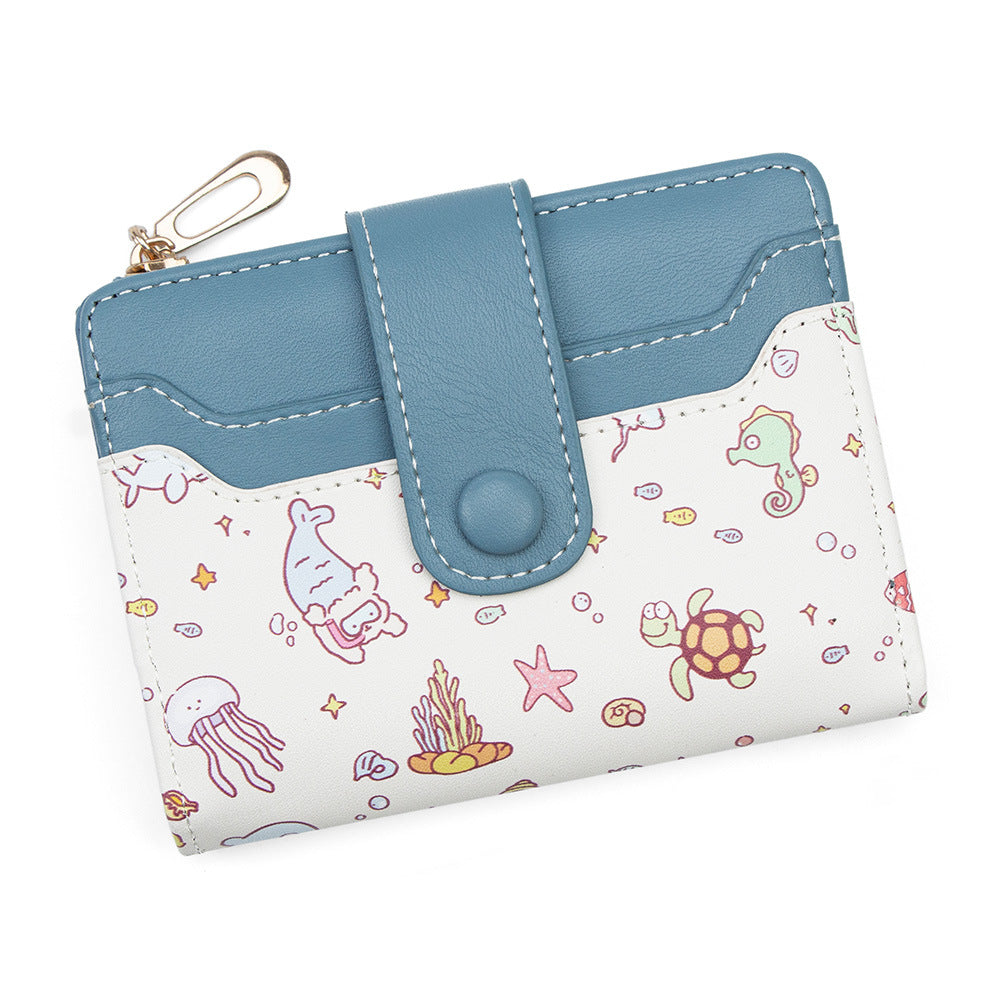 Fashion Cartoon Printed Large Capacity Zipper Female Two Fold Multiple Card Holder