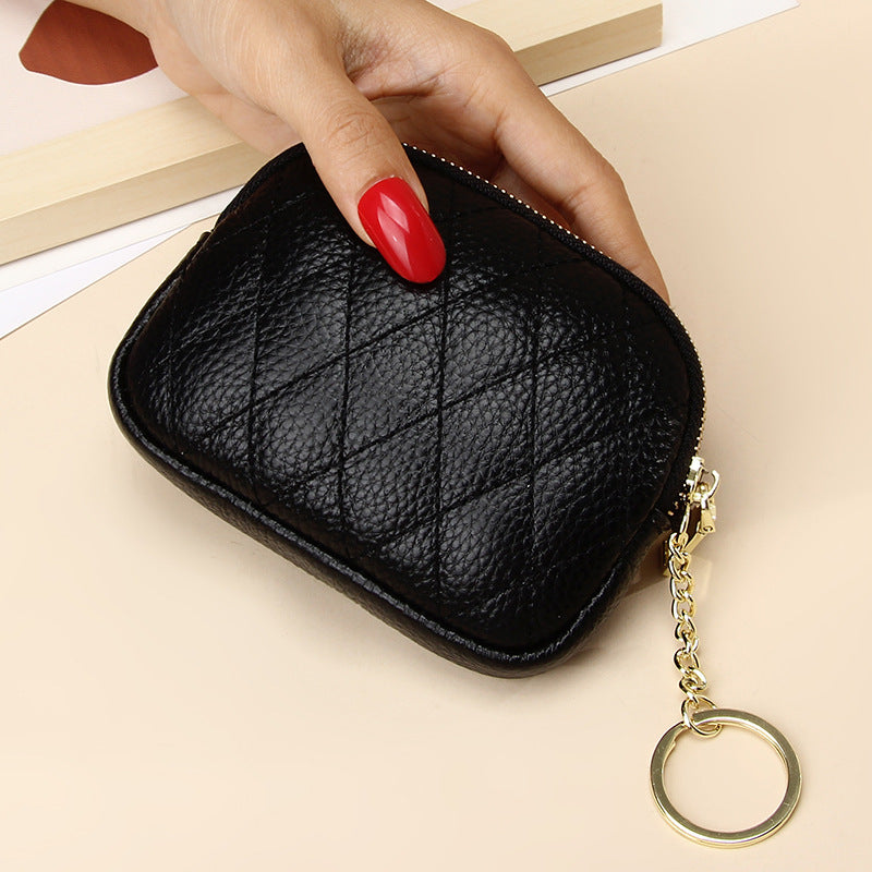 Cowhide Zipper Pocket Diamond Chain Mini Female Purses