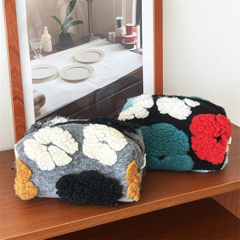 Striped Plush Large Capacity Pencil Wash Portable Storage Bags