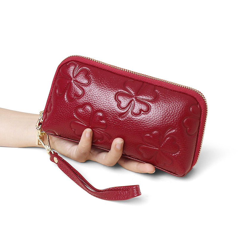 Women's First Layer Cowhide Four-leaf Clover Embossed Simple Clutch High-grade Genuine Bags