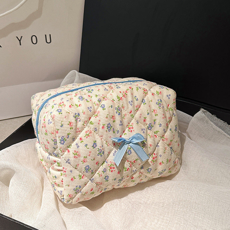 Striped Floral Cotton Embroidery Thread Plaid Makeup Bag
