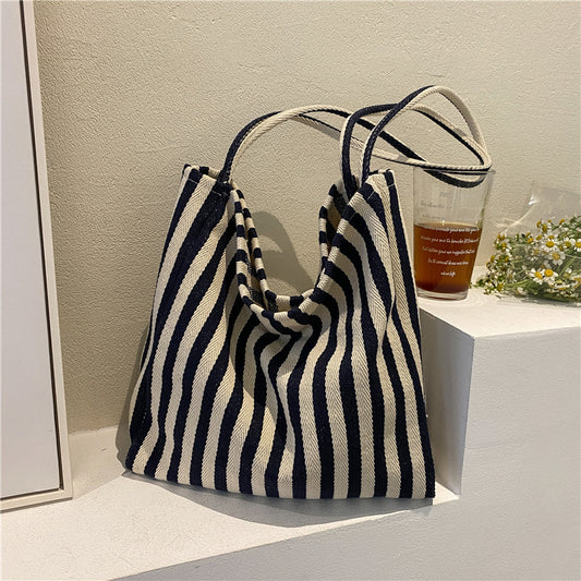 Style Retro Literary Simple Fresh Striped Fashion Large Shoulder Bags