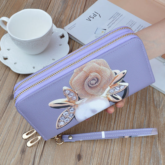 Women's Double Zipper Clutch Long Soft Leather Fashion Printing Purses