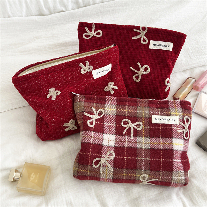 Embroidered Bow Plaid Valentine's Day Gift Wash Makeup Bag