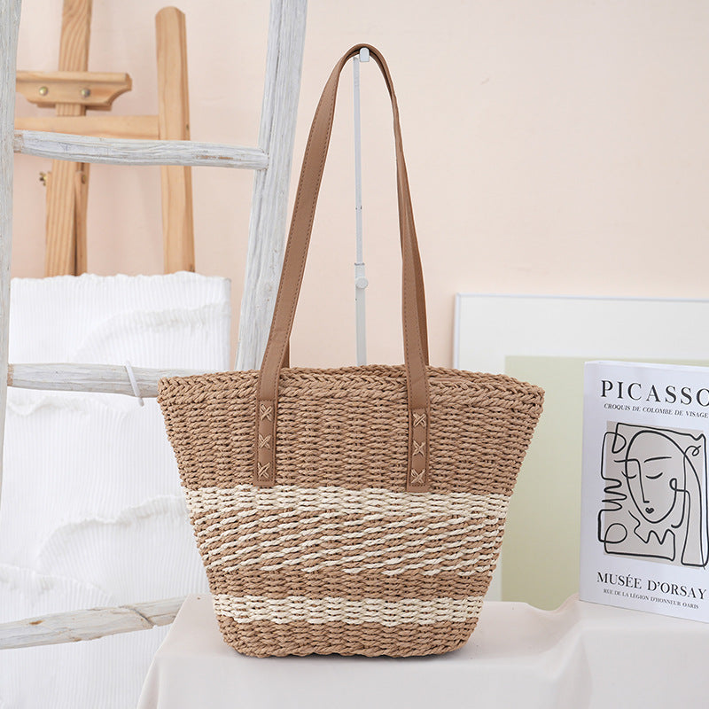 Capacity Straw Summer Stitching Contrast Color Fashion Vacation Bags