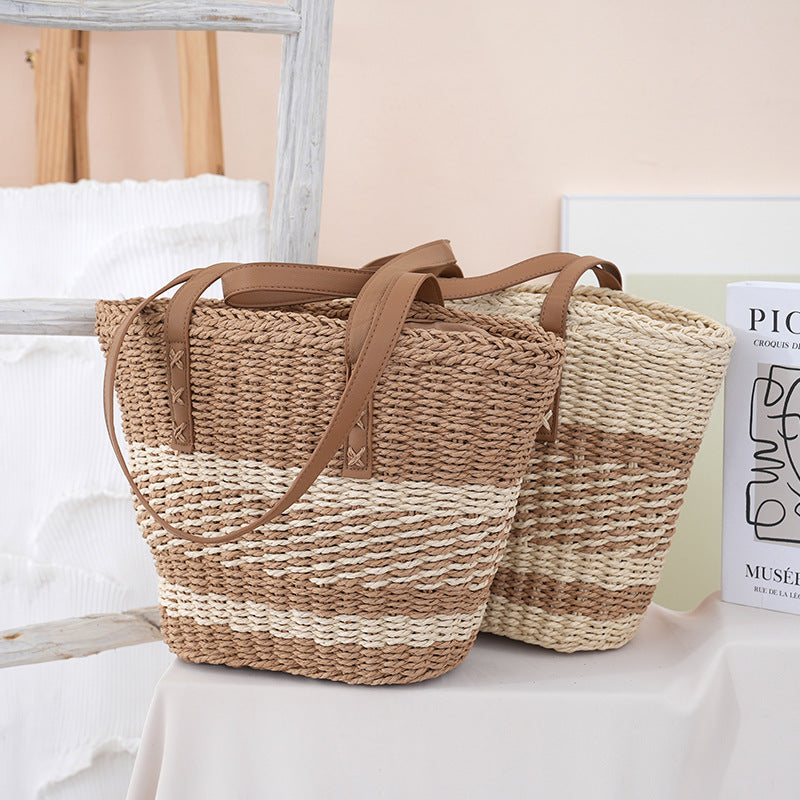 Capacity Straw Summer Stitching Contrast Color Fashion Vacation Bags