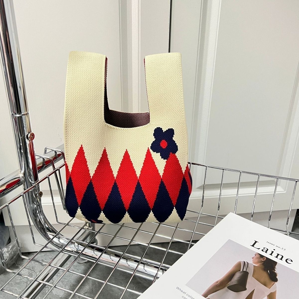 Women's Lattice Portable Knitted Large Capacity Contrast Handbags