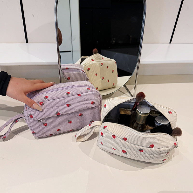 Corduroy Strawberry Pattern Large Capacity Portable Storage Bags